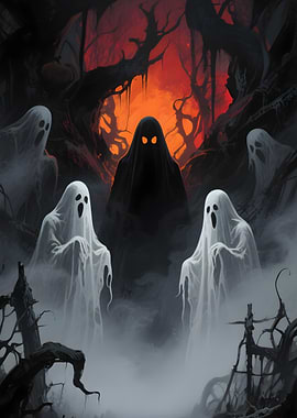 Spooky Halloween Ghosts in a Dark Forest