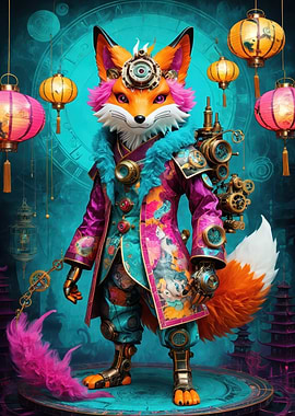 Steampunk Fox Warrior in Vibrant Neo-Oriental Robe — Anime-Style Digital Art