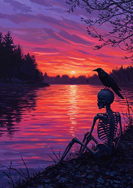 Sunset Reflection with Skeleton and Crow