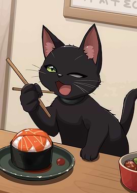 Cat with Sushi and Chopsticks