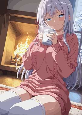 Anime Girl by Fireplace with Coffee
