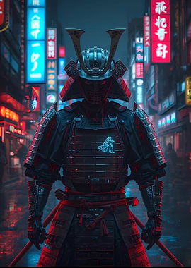 Cyberpunk Samurai in Neon Cityscape