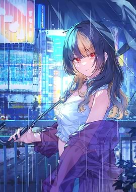 Girl in Rainy Cityscape