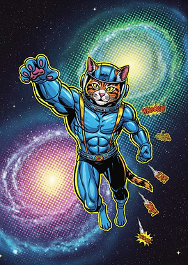 Space Cat Superhero Comic Art