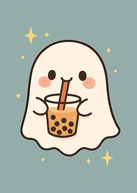 Kawaii Ghost with Bubble Tea | Cute Boba Drink Cartoon Wall Art