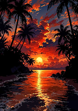 Tropical Sunset with Palm Trees