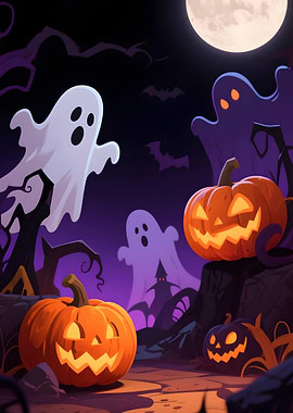 Halloween Night with Pumpkins and Ghosts