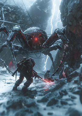 Man vs. Mechanical Spider in Snowy Landscape