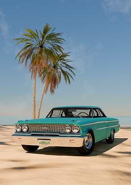 Teal Classic Car on Beach