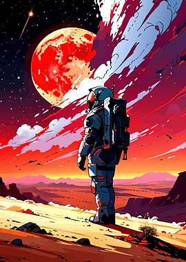 Astronaut on Mars with Red Moon