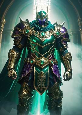 Regal Emerald Knight - Ornate Gold & Purple Fantasy Armor Illustration