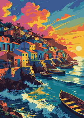 Colorful Coastal Village at Sunset