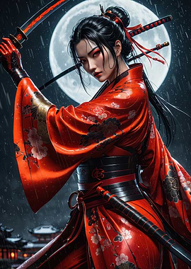Moonlit Samurai: Red Kimono Warrior in the Rain
