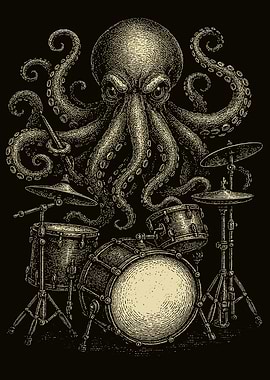 Octopus Drummer Vintage Engraving Style