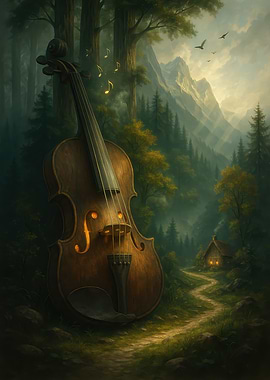 Violin in Forest Landscape