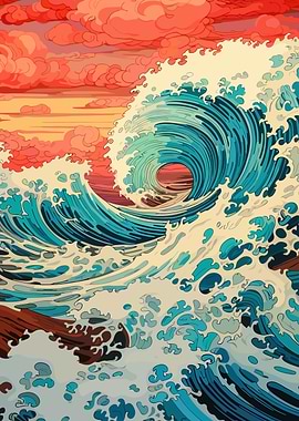 Stylized Ocean Wave with Red Sky
