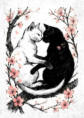 Yin Yang Cats with Cherry Blossoms