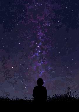 Silhouette Gazing at Starry Night Sky