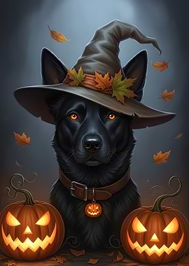Halloween Dog with Witch Hat