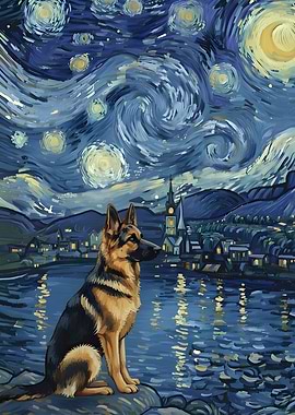 German Shepherd in Starry Night Style