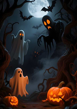 Spooky Halloween Night with Ghosts and Pumpkins