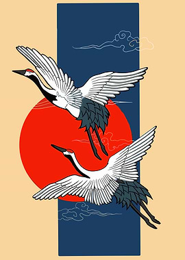Japanese Cranes Flying with Red Sun
