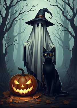 Halloween Ghost, Cat, and Pumpkin Scene