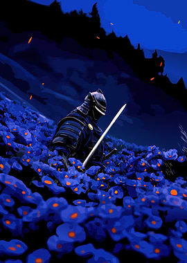Samurai in Blue Flower Field
