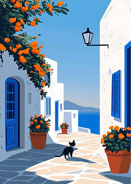 Greek Island Street Scene with Cat