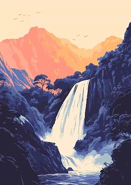 Beautiful Hawaiian Waterfall Zen Nature Minimalist Illustration Art