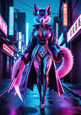 Neon Kitsune Vigilante — Cyberpunk Alley Digital Illustration