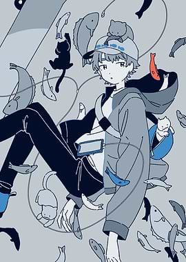 Boy with Cats and Fish Illustration