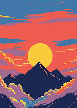 Sunset mountain peaks with golden sun and clouds