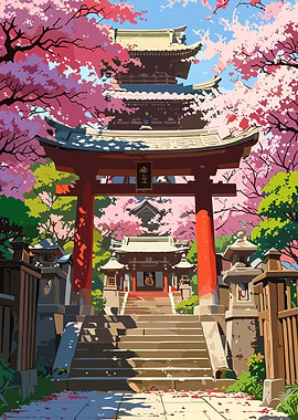Japanese Temple with Cherry Blossoms