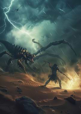 Fantasy Battle in Stormy Desert Landscape