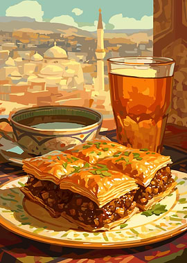 Baklava, Tea, and Turkish Cityscape