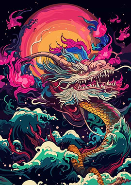 Colorful Dragon Rising from the Waves