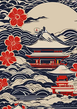 Japanese Temple with Flowers and Waves