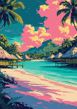 Tropical Beach with Bungalows and Palms