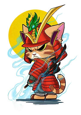 Samurai Cat with Dragon