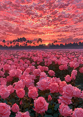 Pink Roses Field at Sunset