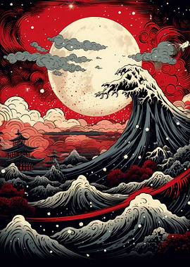 Japanese Wave and Moon Art