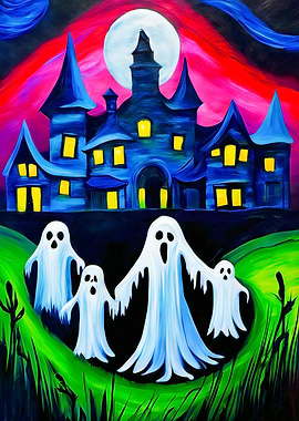 Ghostly Gathering at the Manor - Halloween Haunted House Illustration