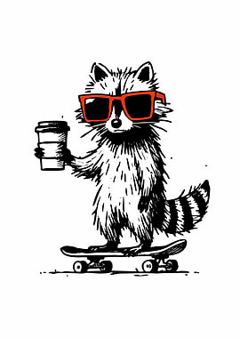 Cool Raccoon on Skateboard with Coffee