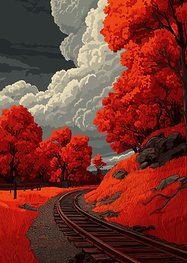 Autumn Train Tracks Landscape Illustration