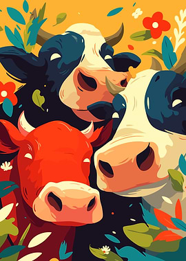Funny Surreal Cows with Flowers Art Illustration