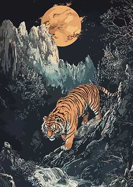 Tiger in Mountainous Landscape at Night