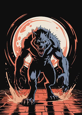 Werewolf illustration with full moon backdrop