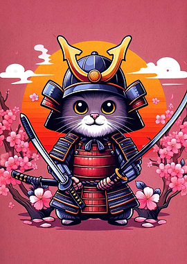 Samurai Cat with Swords and Cherry Blossoms