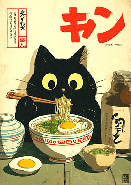 Black Cat Eating Ramen Illustration